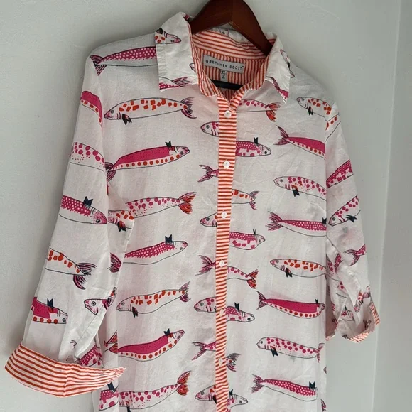 Gretchen Scott Blouse Womens XL Fish Print Button Up Shirt Beach Vacation Cotton - Picture 5 of 12